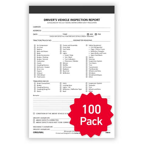 100 Pack Detailed Driver Vehicle Inspection Report Book 2 Ply