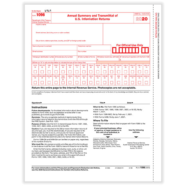 1096 Template For Preprinted Forms Web Complete 1096 2020 Annual Summary And Transmittal Of U S