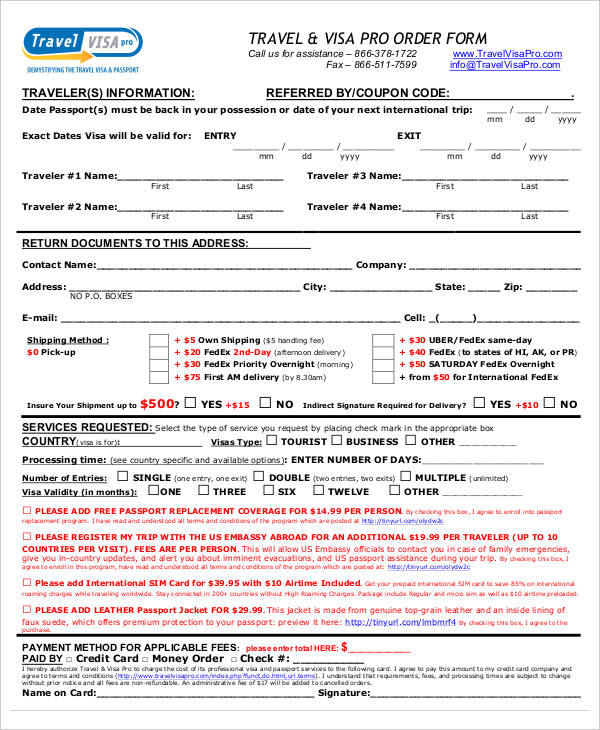 12 Travel Order Forms Free Samples Examples Format Download Free