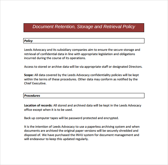 13 Document Retention Policy Samples Sample Templates