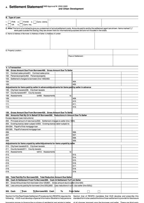 17 Printable Free Fillable Hud 1 Settlement Statement Forms And