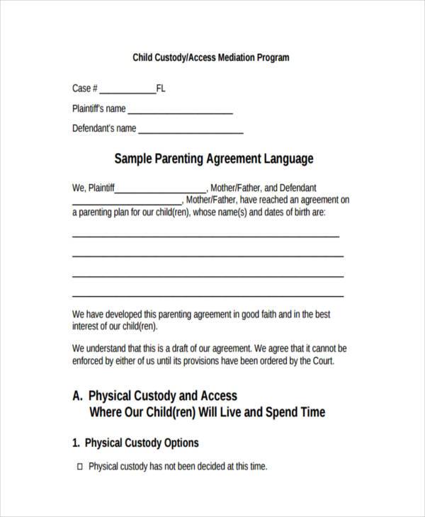 18 Printable Child Custody Agreement Forms Download Templates