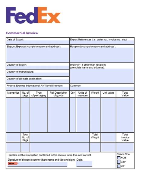 18 Printable Commercial Invoice Template Fedex Forms Fillable Samples