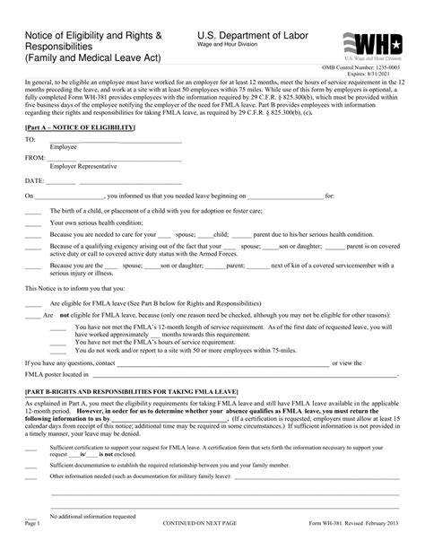 18 Printable Fmla Form Wh 381 Templates Fillable Samples In Pdf Word