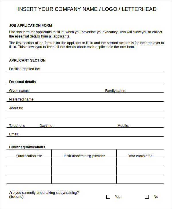 18 Printable Job Application Forms Templates Fillable Samples In Pdf