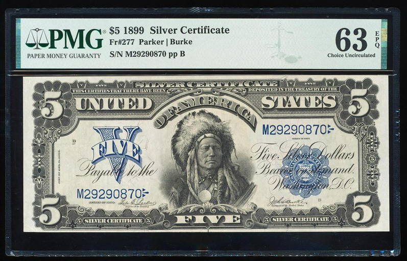 1899 5 Indian Chief Silver Certificate Note Fr 281 Pmg Choice