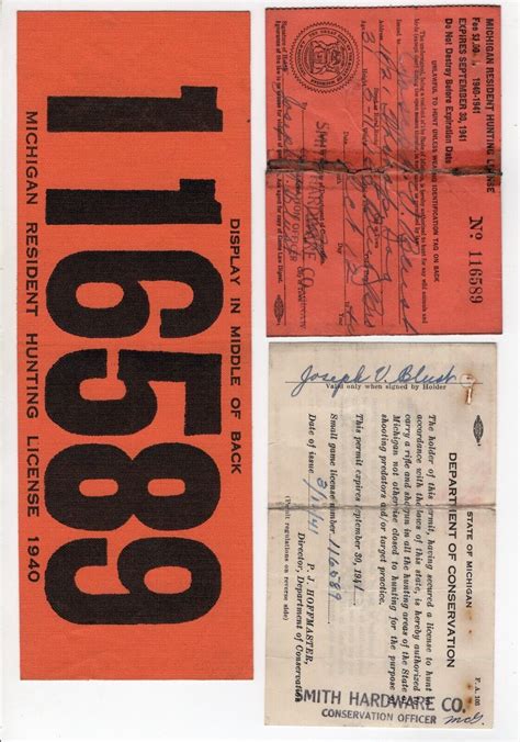 1940 Michigan Resident Hunting License Backtag W Paperwork Michigan