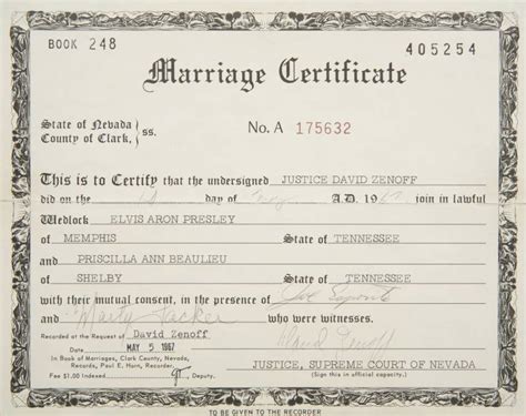 1967 Elvis And Priscilla Presley S Marriage Certificate