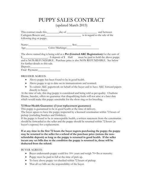 20 Printable Puppy Purchase Agreement Forms And Templates Fillable