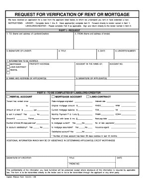 2005 Form Capital Alliance Request For Verification Of Rent Or Mortgage