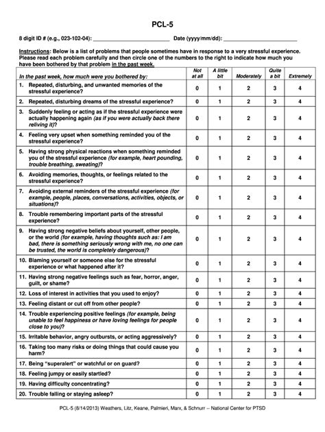 2013 Form Va Ptsd Checklist For Dsm 5 Pcl 5 Past Week Version Fill