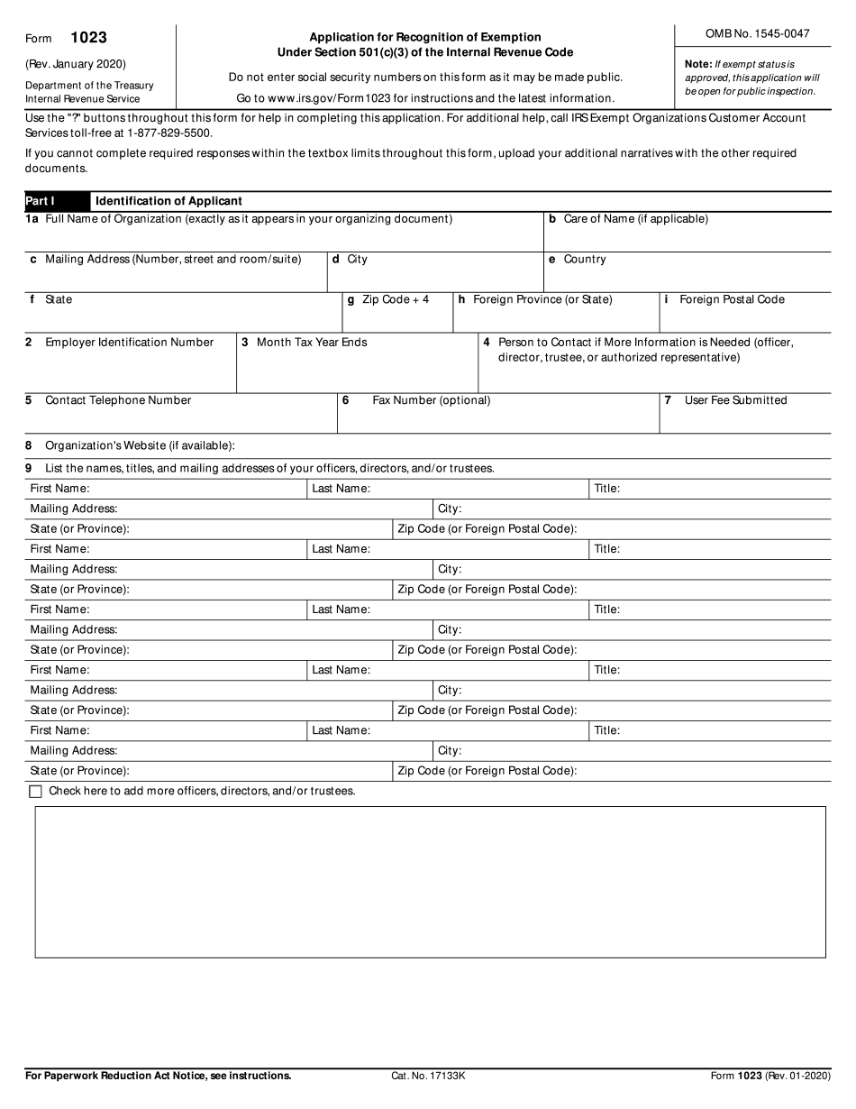 2017 2019 Irs Form 1023 Fill Out Online Pdf Template