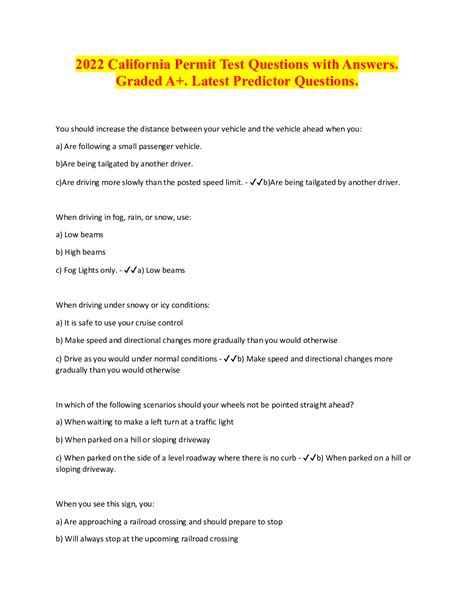 2022 California Permit Test Questions With Answers Graded A Latest