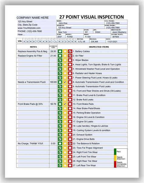 27 Point Visual Vehicle Inspection Form Fillable Pdf Etsy