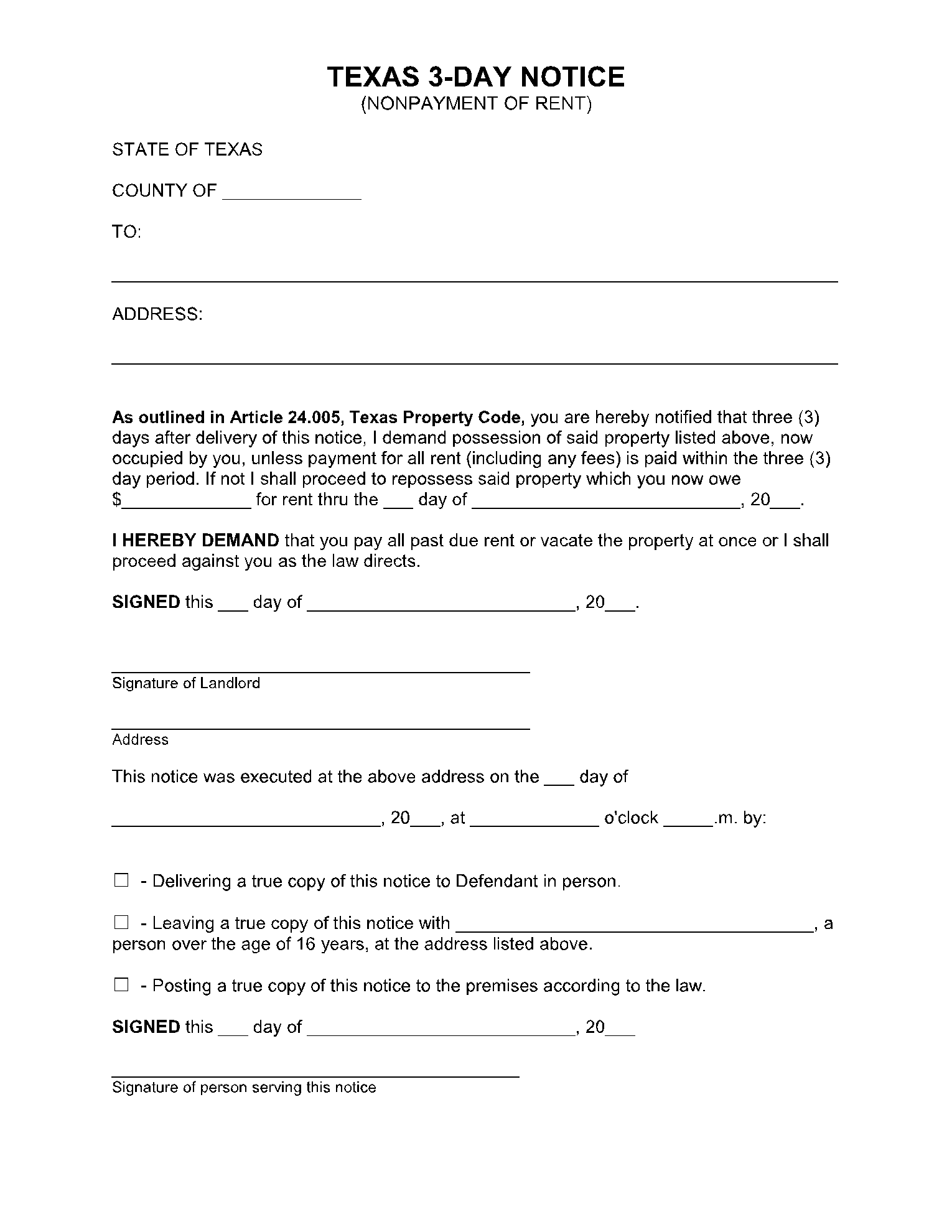 3 Day Notice To Vacate Texas Property Code Printable Form Templates And Letter