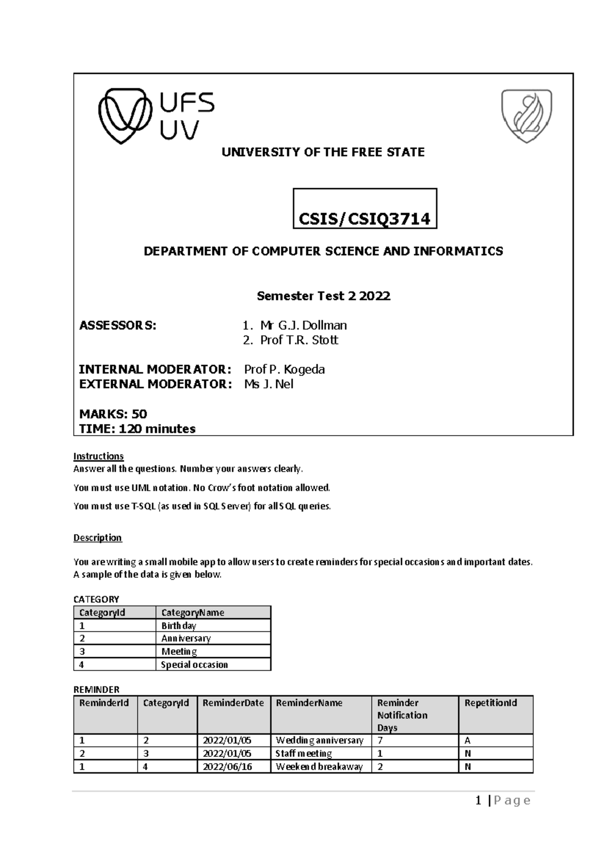 3714 St1 2022 Memo Pdf University Of The Free State Csis Csiq3714