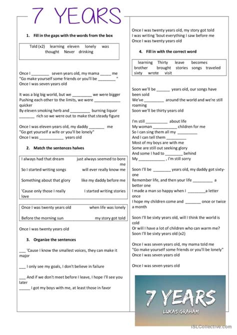 4 Song 7 Years Lukas Graham English Esl Worksheets Pdf Doc