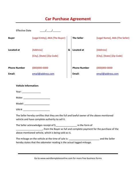 42 Printable Vehicle Purchase Agreement Templates Templatelab