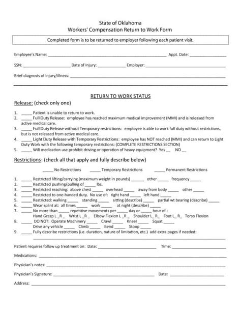 44 Return To Work Work Release Forms Artofit