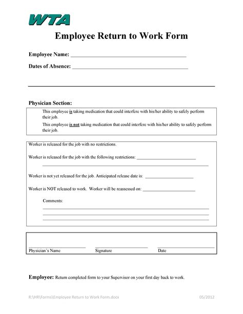 44 Return To Work Work Release Forms Printable Templates Return