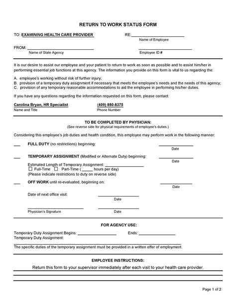 49 Best Return To Work Work Release Forms Templatelab