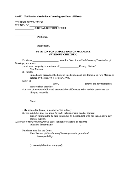 4A 102 Petition For Dissolution Of Marriage Without Children Printable Pdf Download