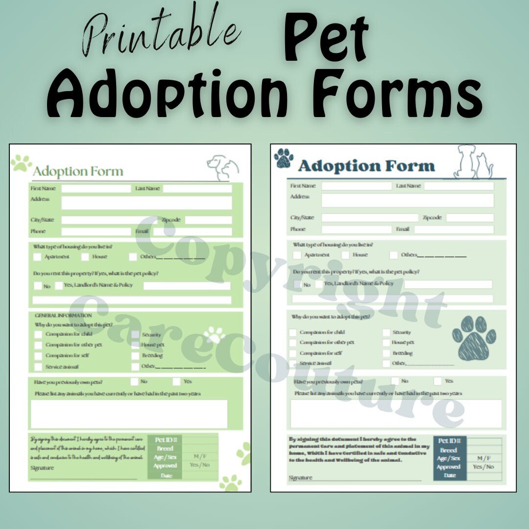 5 Pack Dog Adoption Form Grey Green Blue Unique Dog Paperwork Animal