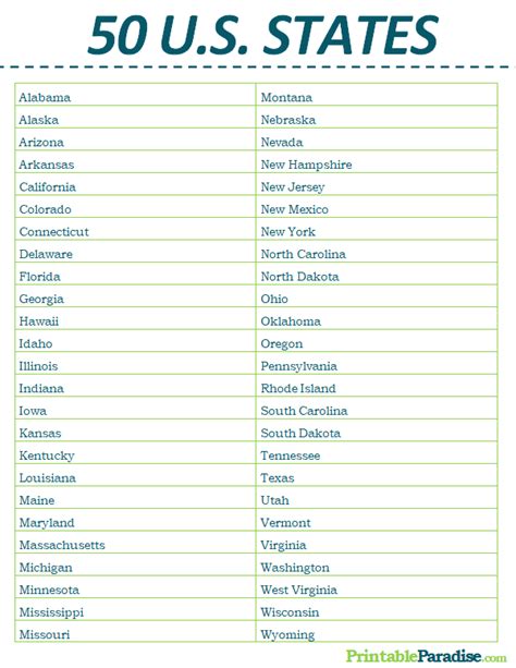 50 Checklist Printable List Of 50 States List Of States Capitals U S Alphabetical List Of The