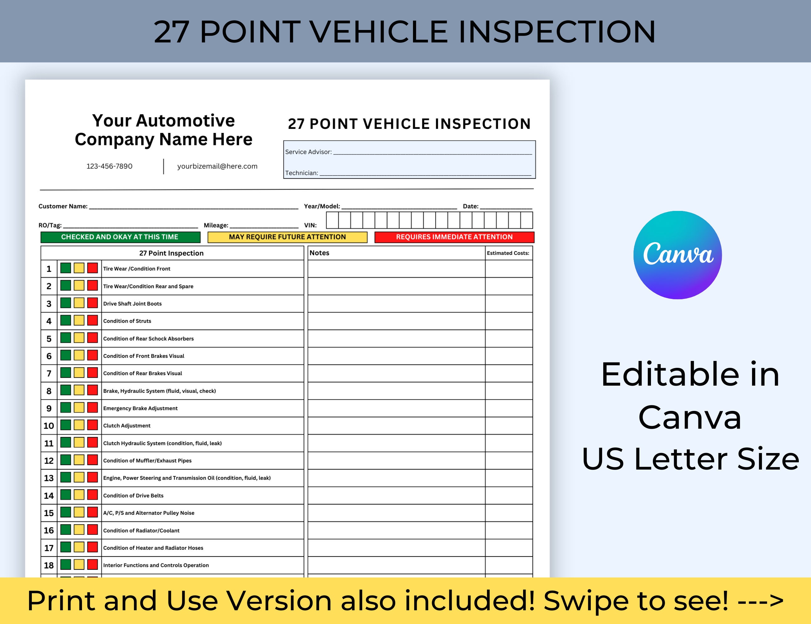 50 Point Used Car Inspection Checklist Printable Editable Google Docs