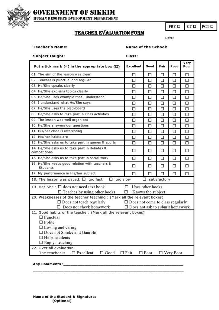 50 Printable Teacher Evaluation Forms Free Templatelab