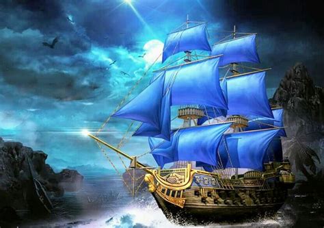 A Blue And Gold Pirate Ship Sailing Through The Ocean Under A Full Moon Filled Sky