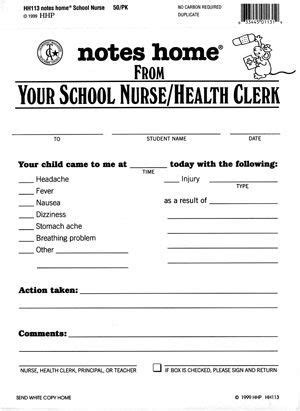 A Note From The Nurse Forms 50 Pkg 99560 School Nurse Elementary