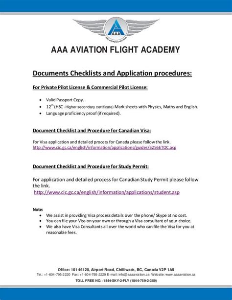 Aaa Aviation Flight Academy Document Checklist For Visa