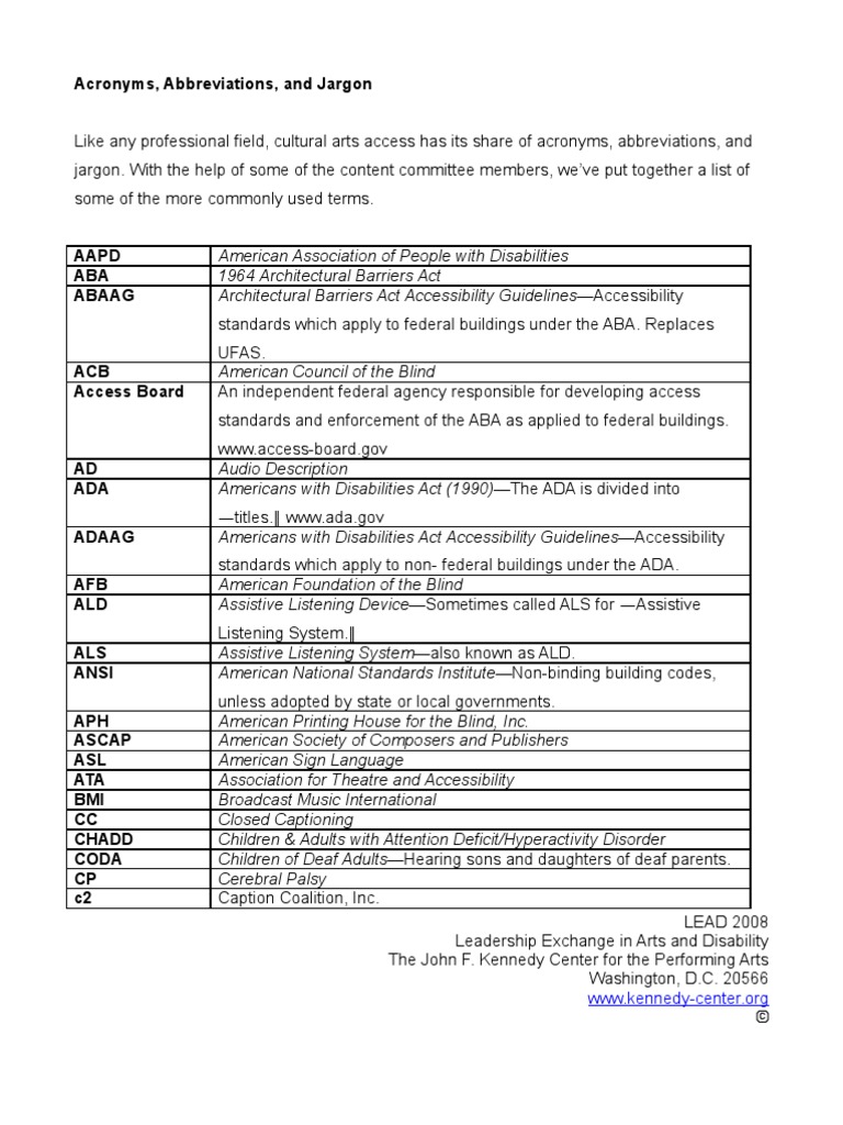 Acronyms Abbreviations Jargon Pdf Americans With Disabilities Act