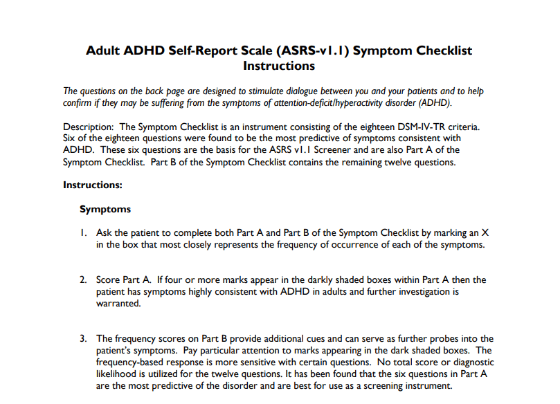 Add Screening Checklist For Providers Adult Add Adhd Center Of