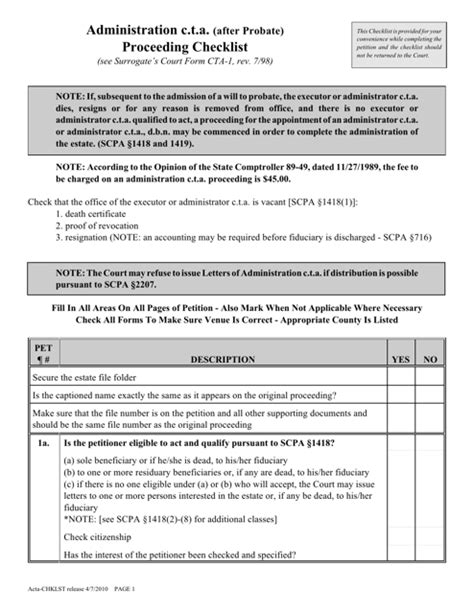 Administration C T A After Probate Proceeding Checklist Administration C T A After Probate