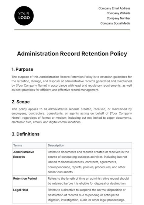 Administration Record Retention Policy Template Edit Online