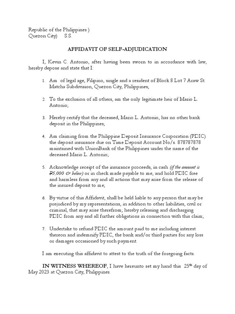 Affidavit Of Adjudication Sample