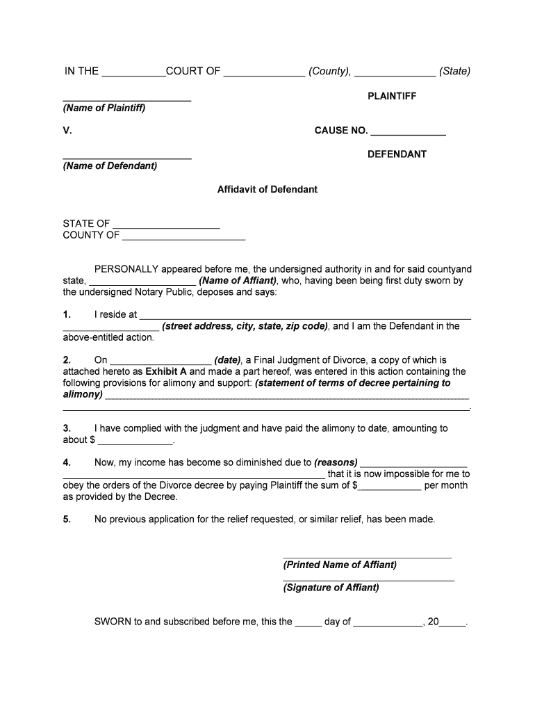 Affidavit Of Defendant Spouse In Support Of Motion To Amend Or Strike Alimony Provisions Of