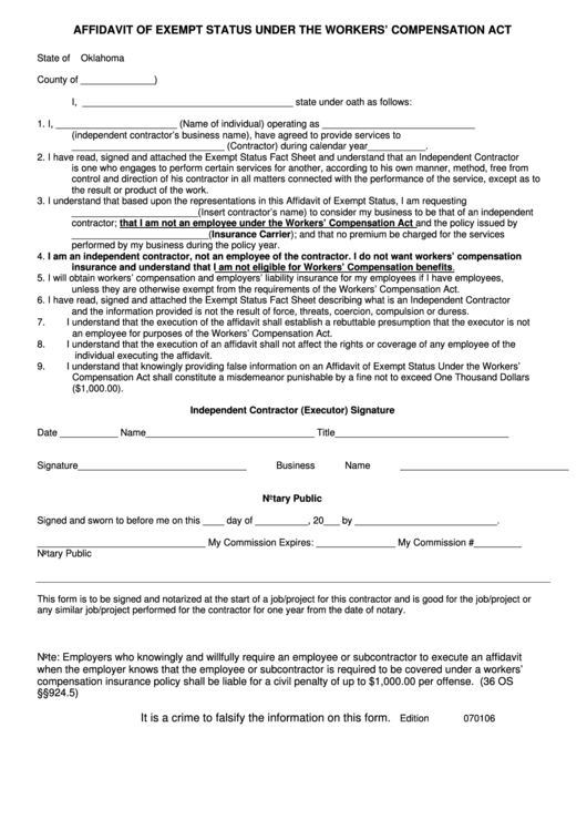 Affidavit Of Exempt Status Under Worker Compensation Uco Printable