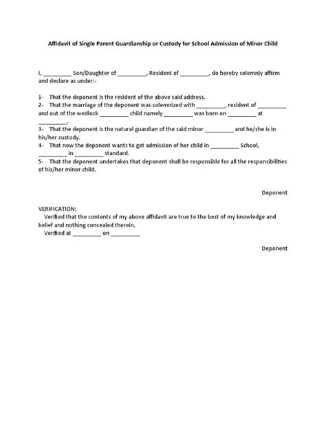 Affidavit Of Single Parent Guardianship Or Custody For School Admission Of Minor Child Pdf