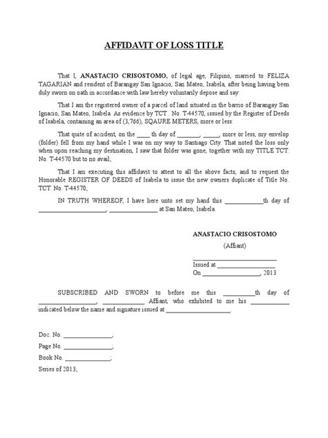 Affidavit Regarding Loss Of Certificate Of Title Or Ownership