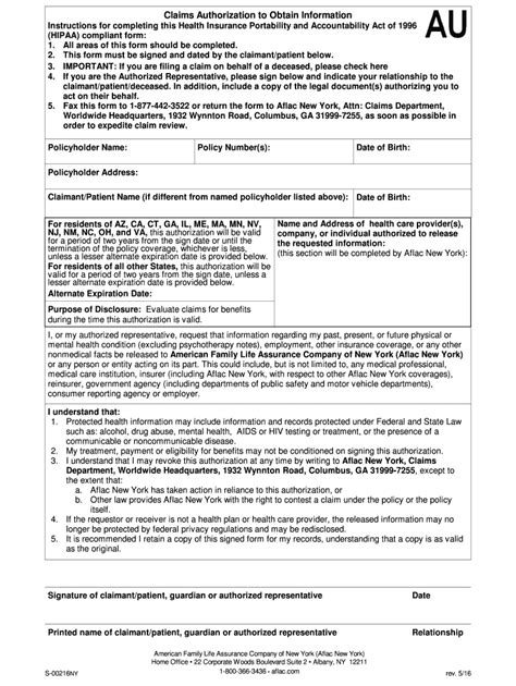 Aflac Nys 00216 2016 Fill And Sign Printable Template Online Us