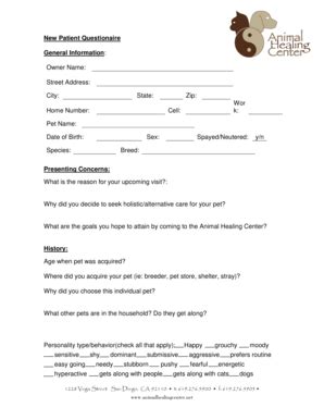 Ahc Intake Questionnaire Form Animal Healing Center Animalhealingcenter Fill And Sign