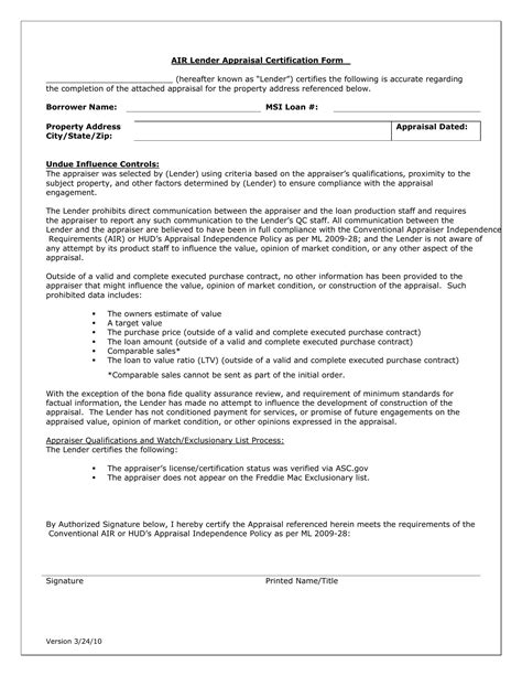 Air Appraisal Certification Pdf Form Formspal