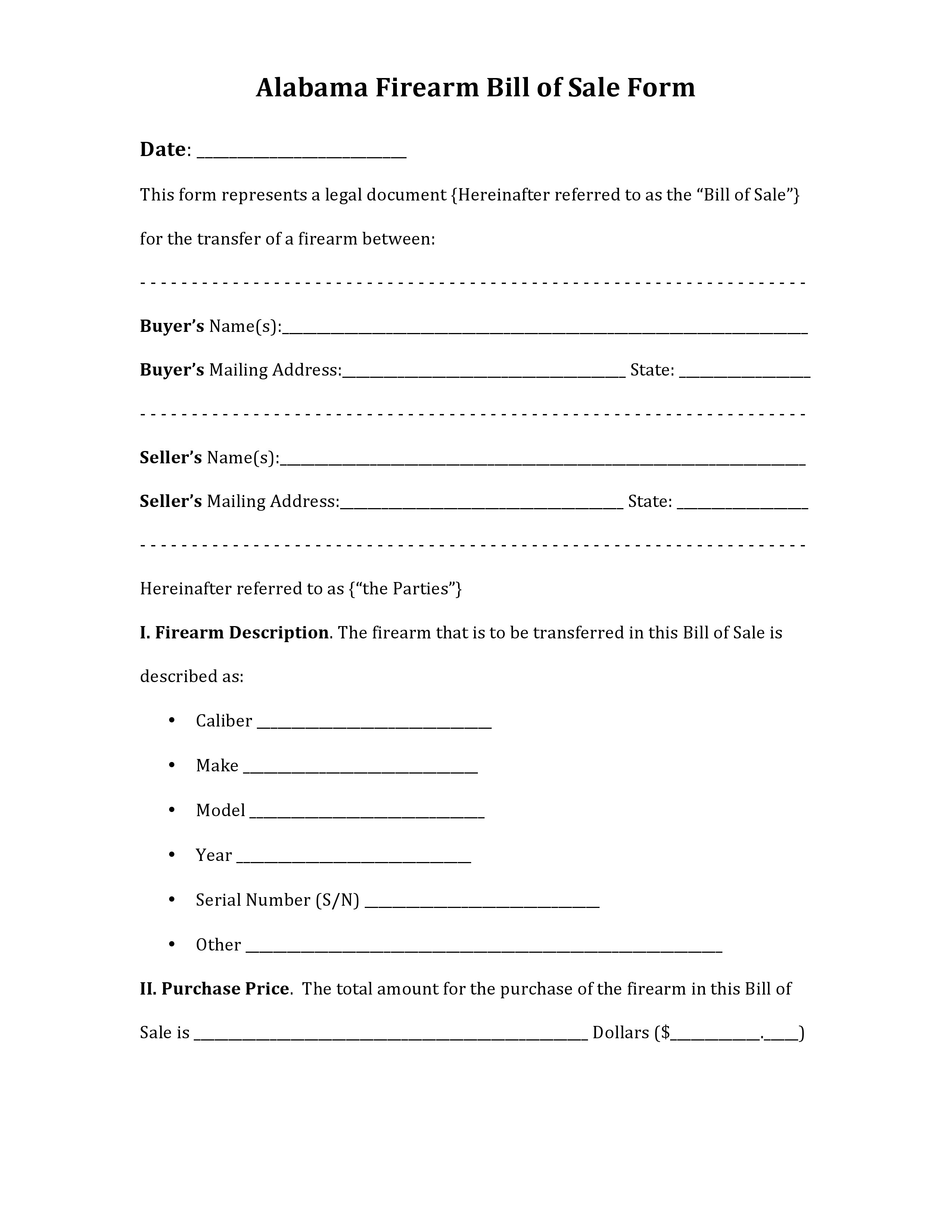 Alabama Firearm Bill Of Sale Form Fill Out Sign Online And Download