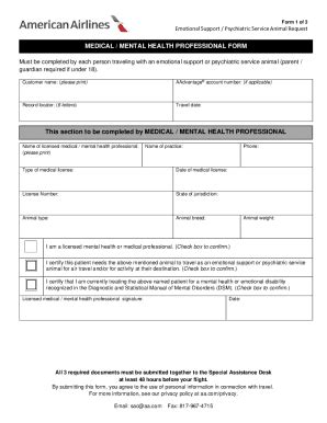 American Airlines Emotional Support Psychiatric Service Animal Request Fill And Sign Printable