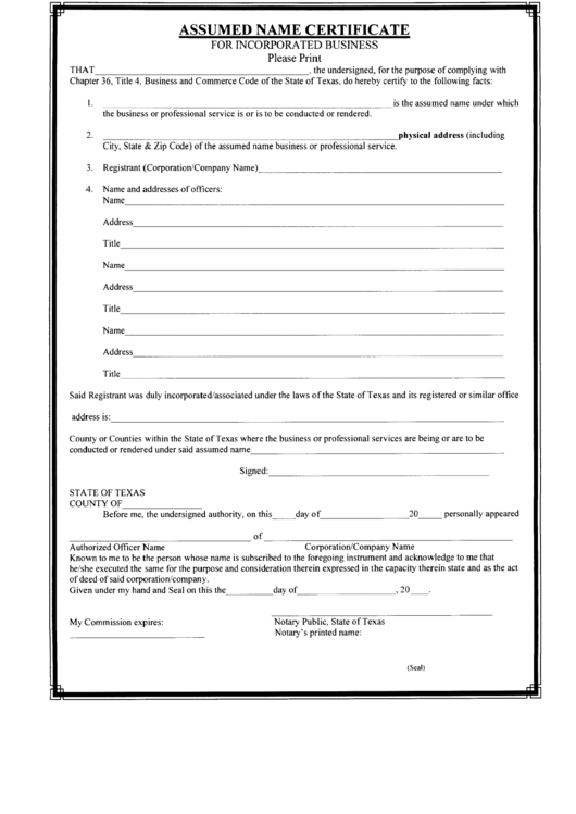 Angelina County Assumed Name Fillable Form Printable Forms Free Online