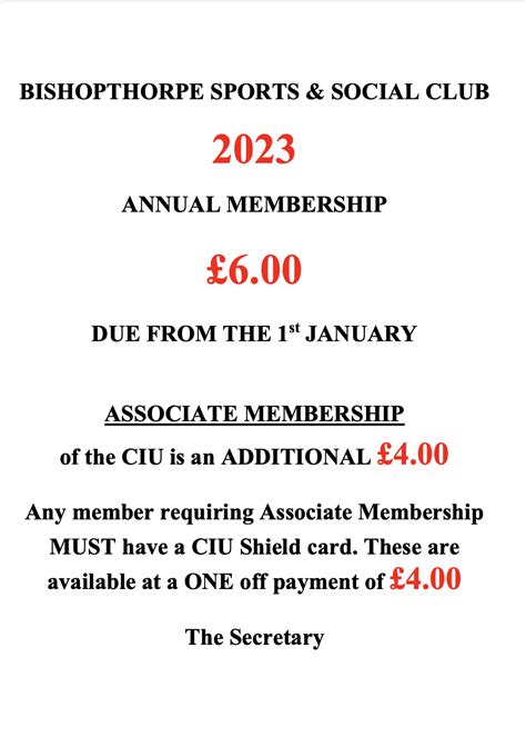 Annual Membership Renewal Information Bishopthorpe Sports Social Club