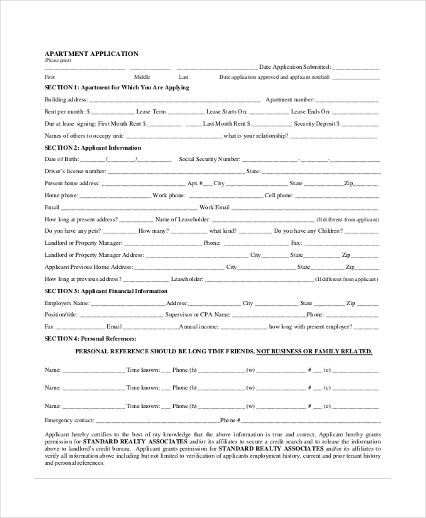 Apartment Application Form Template Business